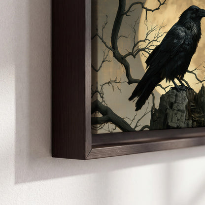 A black raven standing among bare branches in front of a large golden moon 3 piece framed canvas wall art material and edge close up