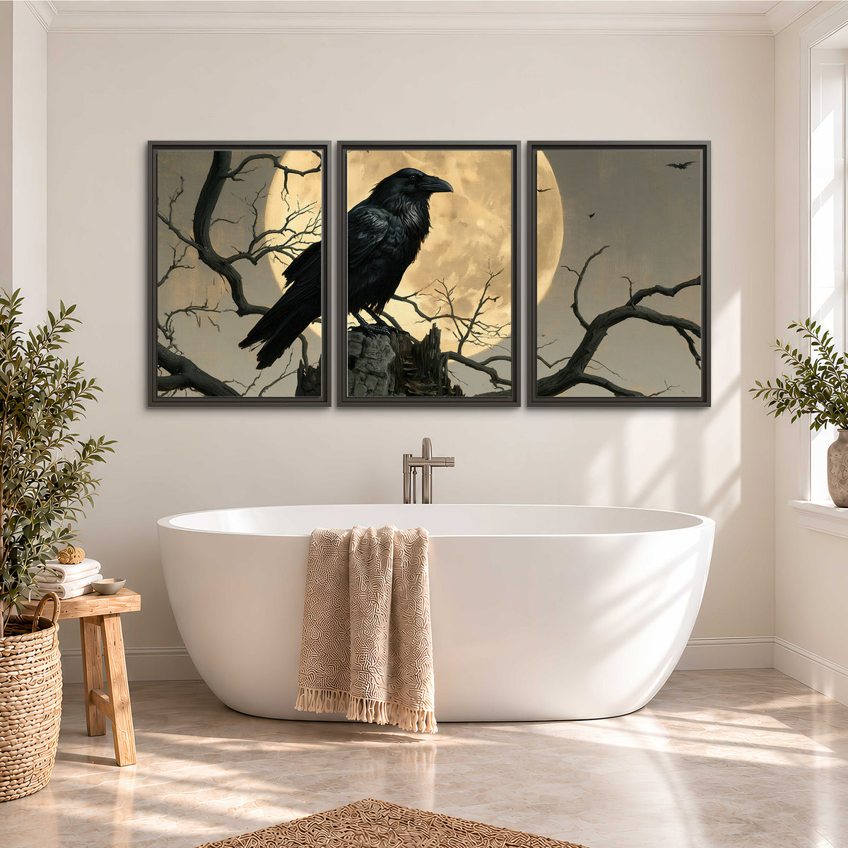 A black raven standing among bare branches in front of a large golden moon 3 piece framed canvas wall art styled in an interior