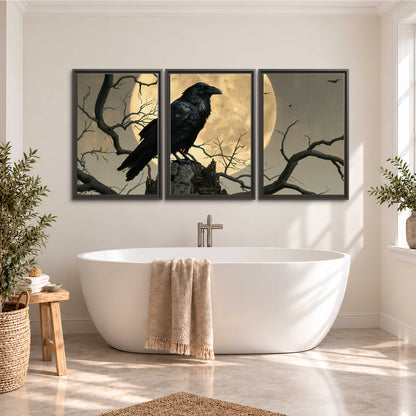 A black raven standing among bare branches in front of a large golden moon 3 piece framed canvas wall art styled in an interior
