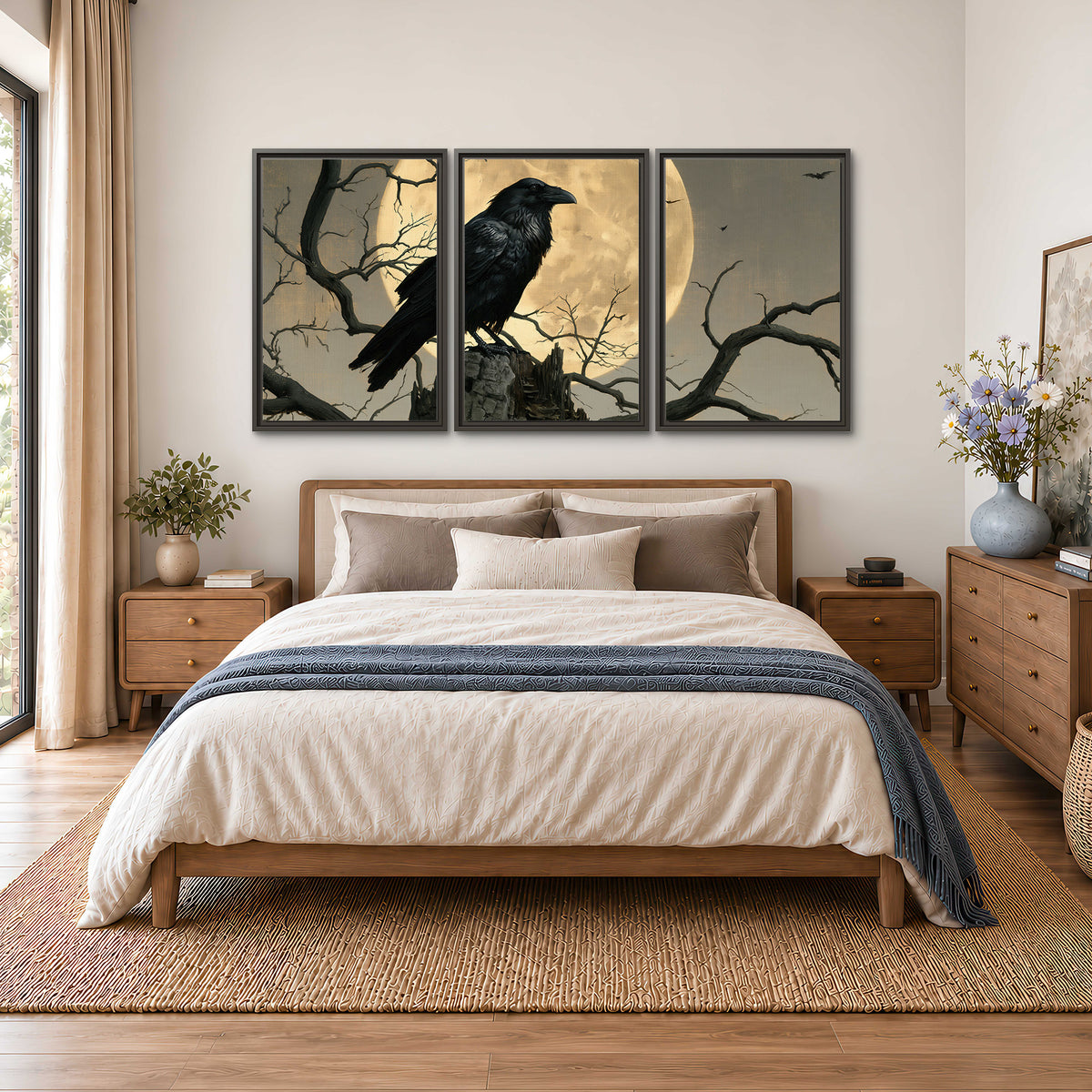 A black raven standing among bare branches in front of a large golden moon 3 piece framed canvas wall art styled in an interior