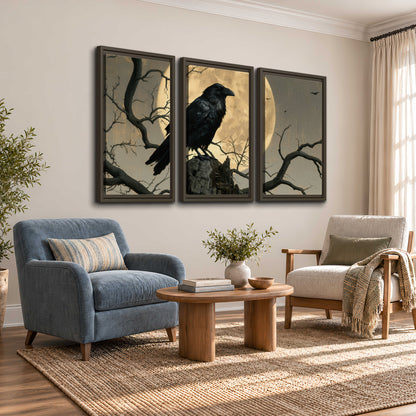 A black raven standing among bare branches in front of a large golden moon 3 piece framed canvas wall art styled in an interior