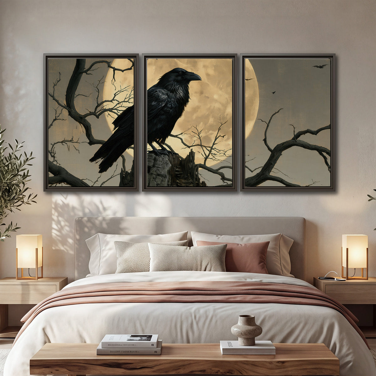 A black raven standing among bare branches in front of a large golden moon 3 piece framed canvas wall art displayed in a bedroom