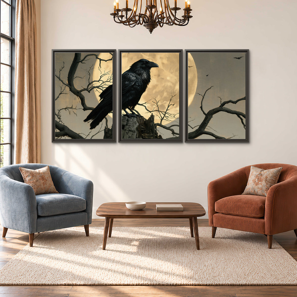 A black raven standing among bare branches in front of a large golden moon 3 piece framed canvas wall art styled in an interior