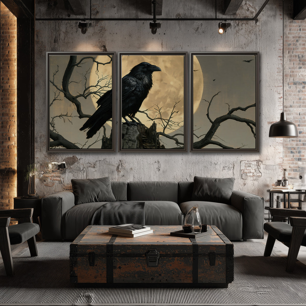 A black raven standing among bare branches in front of a large golden moon 3 piece framed canvas wall art displayed in a industrial room