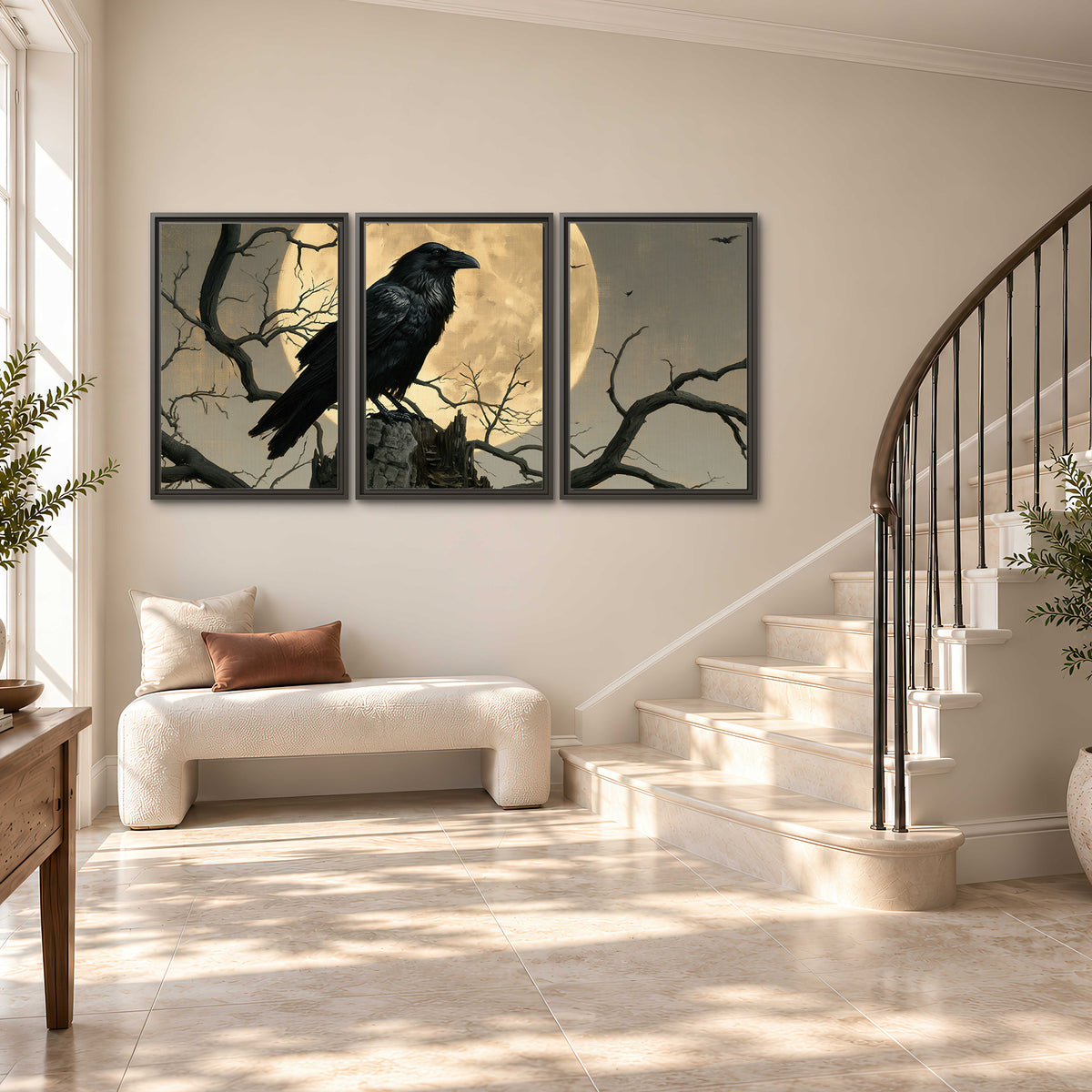 A black raven standing among bare branches in front of a large golden moon 3 piece framed canvas wall art styled in an interior