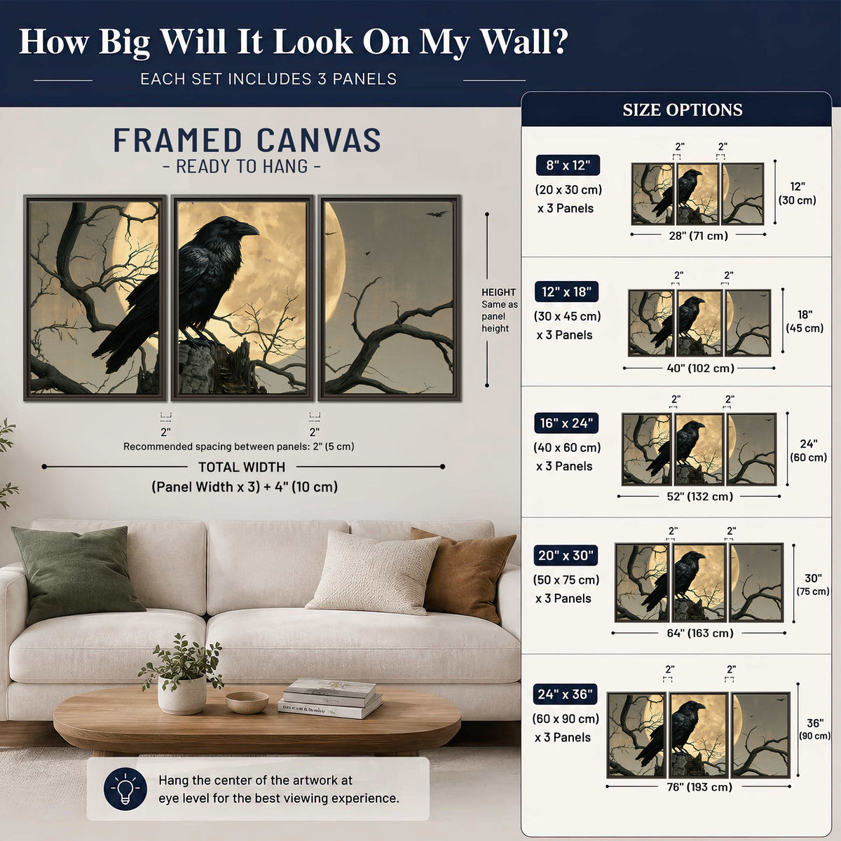A black raven standing among bare branches in front of a large golden moon 3 piece framed canvas wall art size guide above a sofa; room view is illustrative