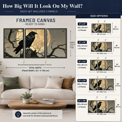 A black raven standing among bare branches in front of a large golden moon 3 piece framed canvas wall art size guide above a sofa; room view is illustrative