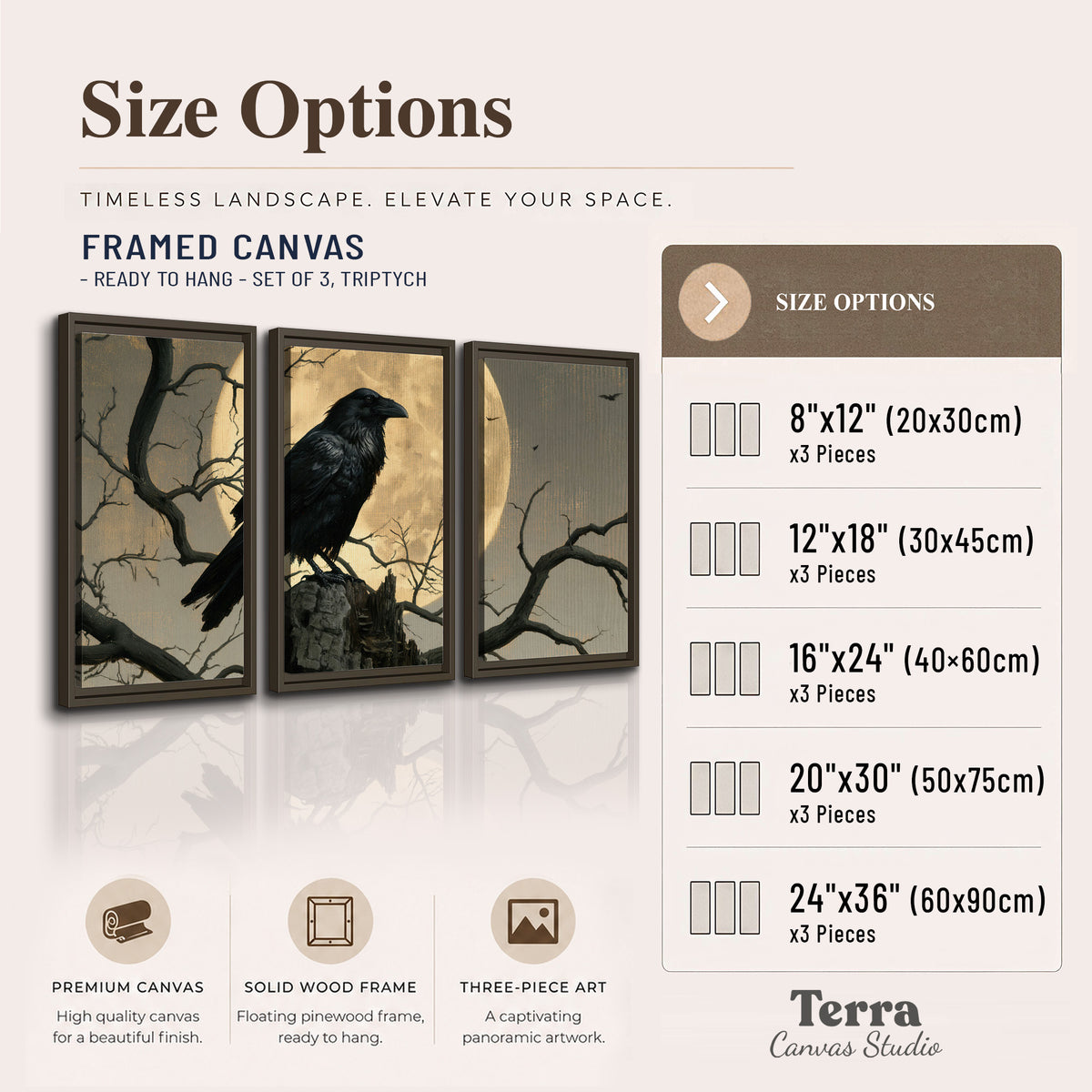 A black raven standing among bare branches in front of a large golden moon 3 piece framed canvas wall art available dimensions; triptych dimensions are per panel