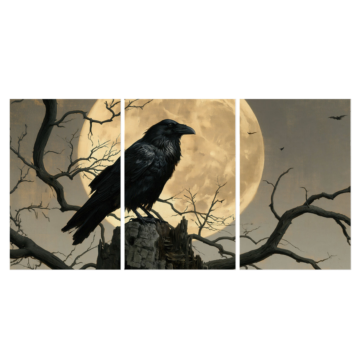 A black raven standing among bare branches in front of a large golden moon set of 3 poster prints viewed straight on
