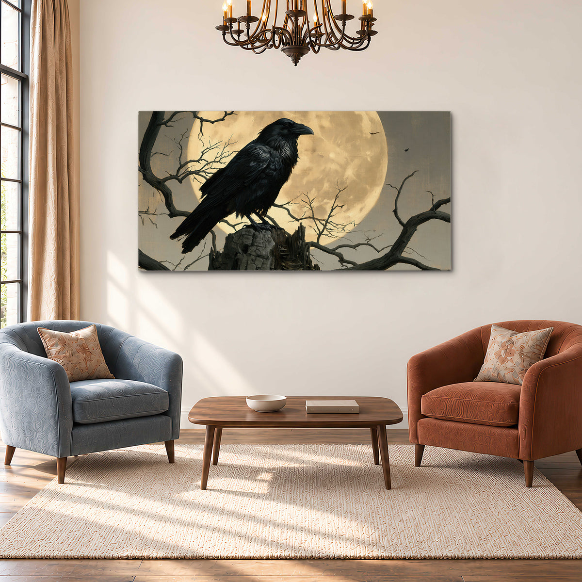 A black raven standing among bare branches in front of a large golden moon single canvas wall art styled in an interior
