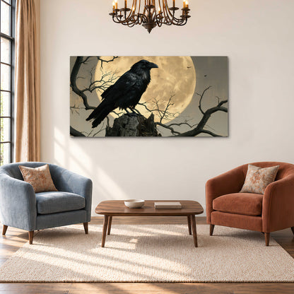 A black raven standing among bare branches in front of a large golden moon single canvas wall art styled in an interior