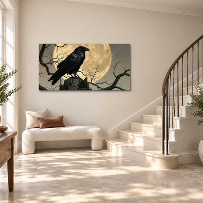A black raven standing among bare branches in front of a large golden moon single canvas wall art styled in an interior
