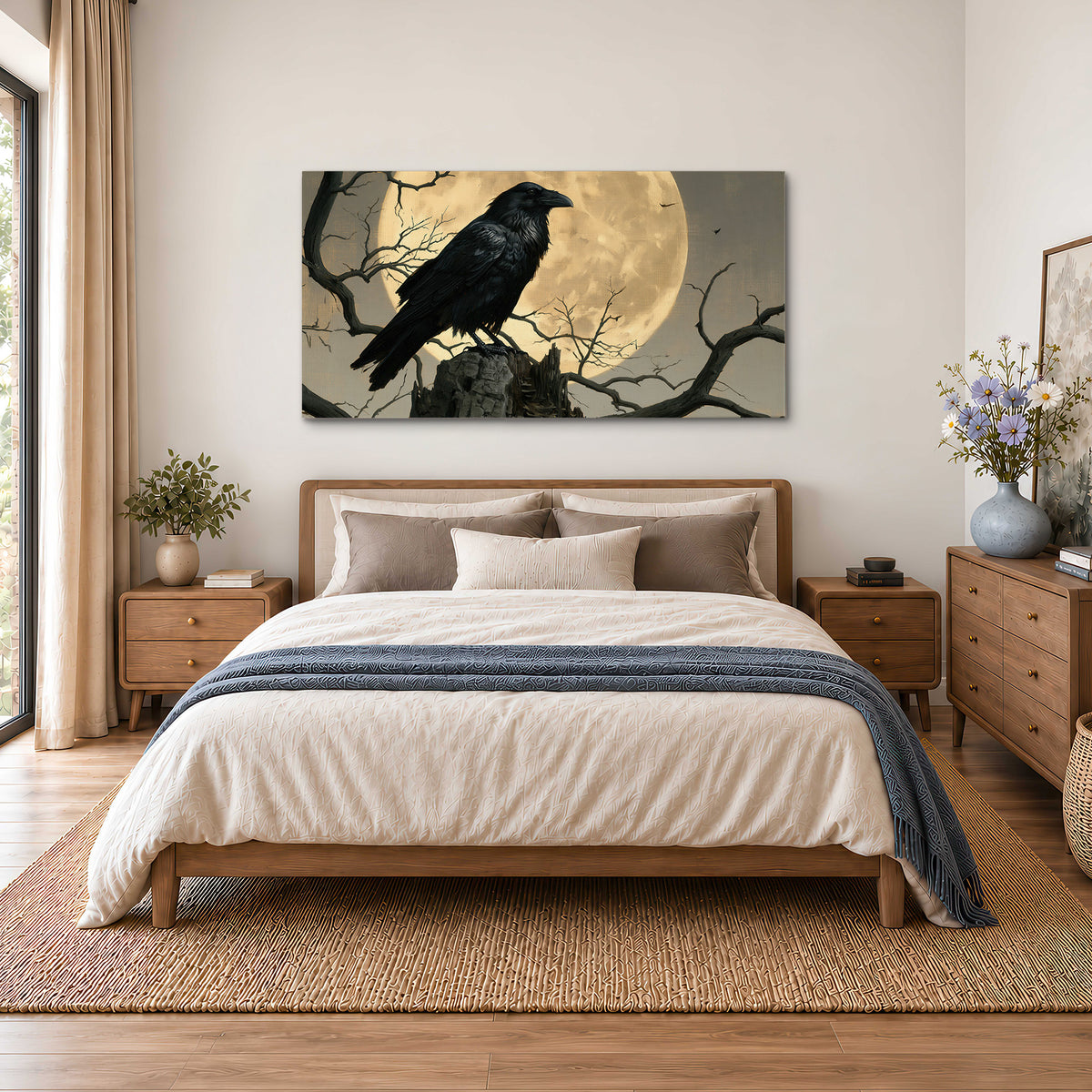 A black raven standing among bare branches in front of a large golden moon single canvas wall art styled in an interior