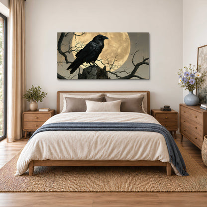 A black raven standing among bare branches in front of a large golden moon single canvas wall art styled in an interior