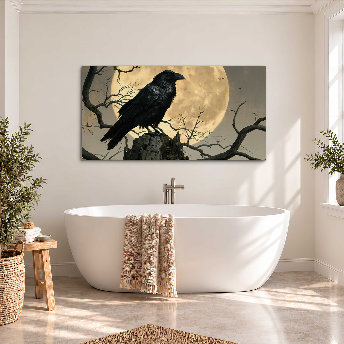 A black raven standing among bare branches in front of a large golden moon single canvas wall art styled in an interior