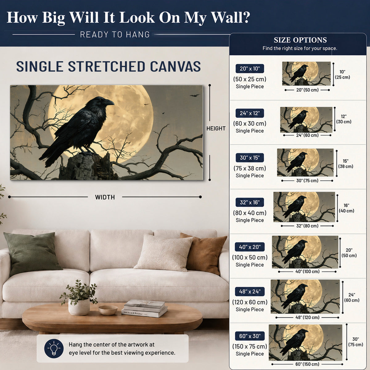 A black raven standing among bare branches in front of a large golden moon single canvas wall art size guide above a sofa; room view is illustrative