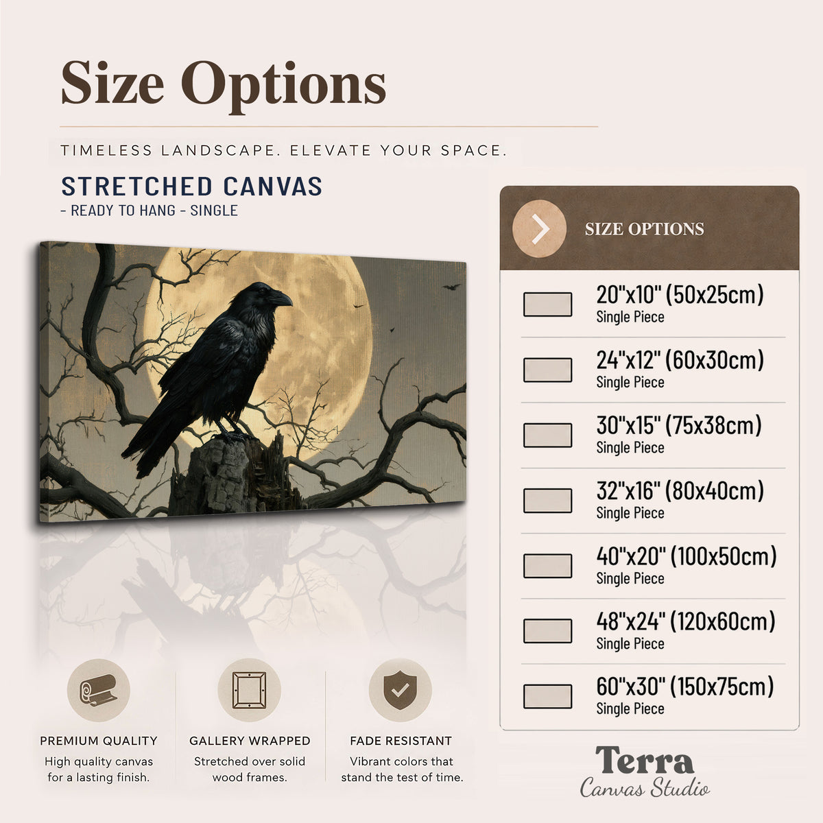 A black raven standing among bare branches in front of a large golden moon single canvas wall art available dimensions
