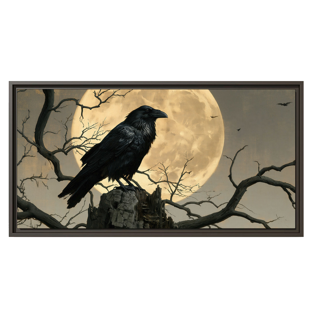 A black raven standing among bare branches in front of a large golden moon single framed canvas wall art viewed straight on