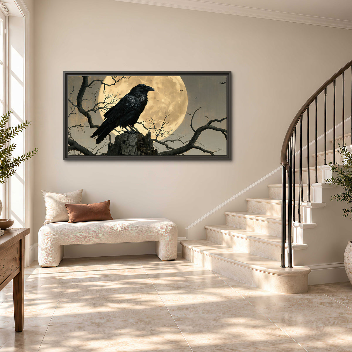 A black raven standing among bare branches in front of a large golden moon single framed canvas wall art styled in an interior