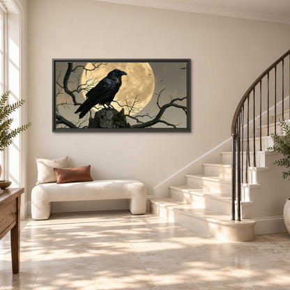 A black raven standing among bare branches in front of a large golden moon single framed canvas wall art styled in an interior
