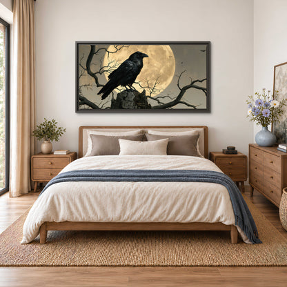 A black raven standing among bare branches in front of a large golden moon single framed canvas wall art styled in an interior