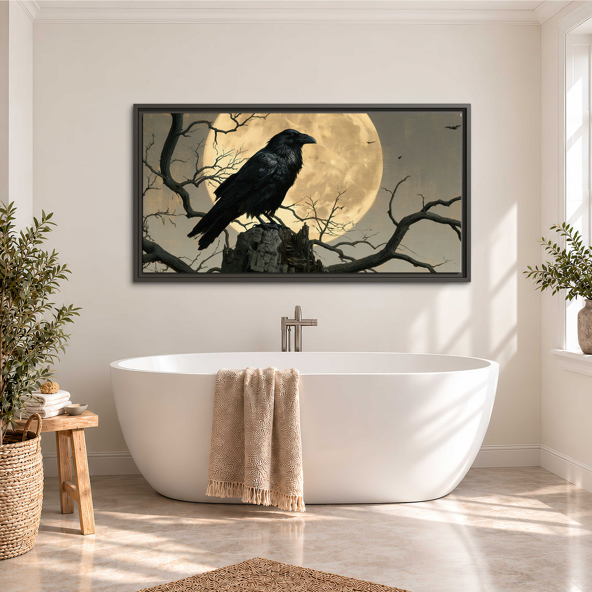 A black raven standing among bare branches in front of a large golden moon single framed canvas wall art styled in an interior