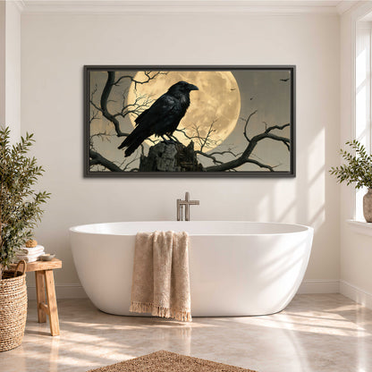 A black raven standing among bare branches in front of a large golden moon single framed canvas wall art styled in an interior