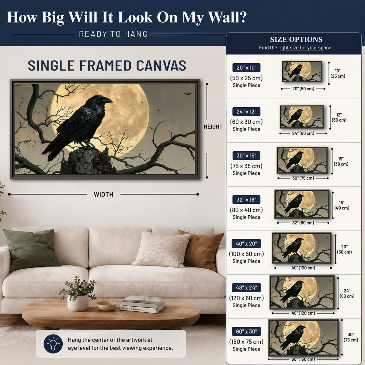 A black raven standing among bare branches in front of a large golden moon single framed canvas wall art size guide above a sofa; room view is illustrative