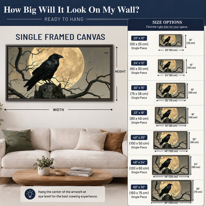 A black raven standing among bare branches in front of a large golden moon single framed canvas wall art size guide above a sofa; room view is illustrative