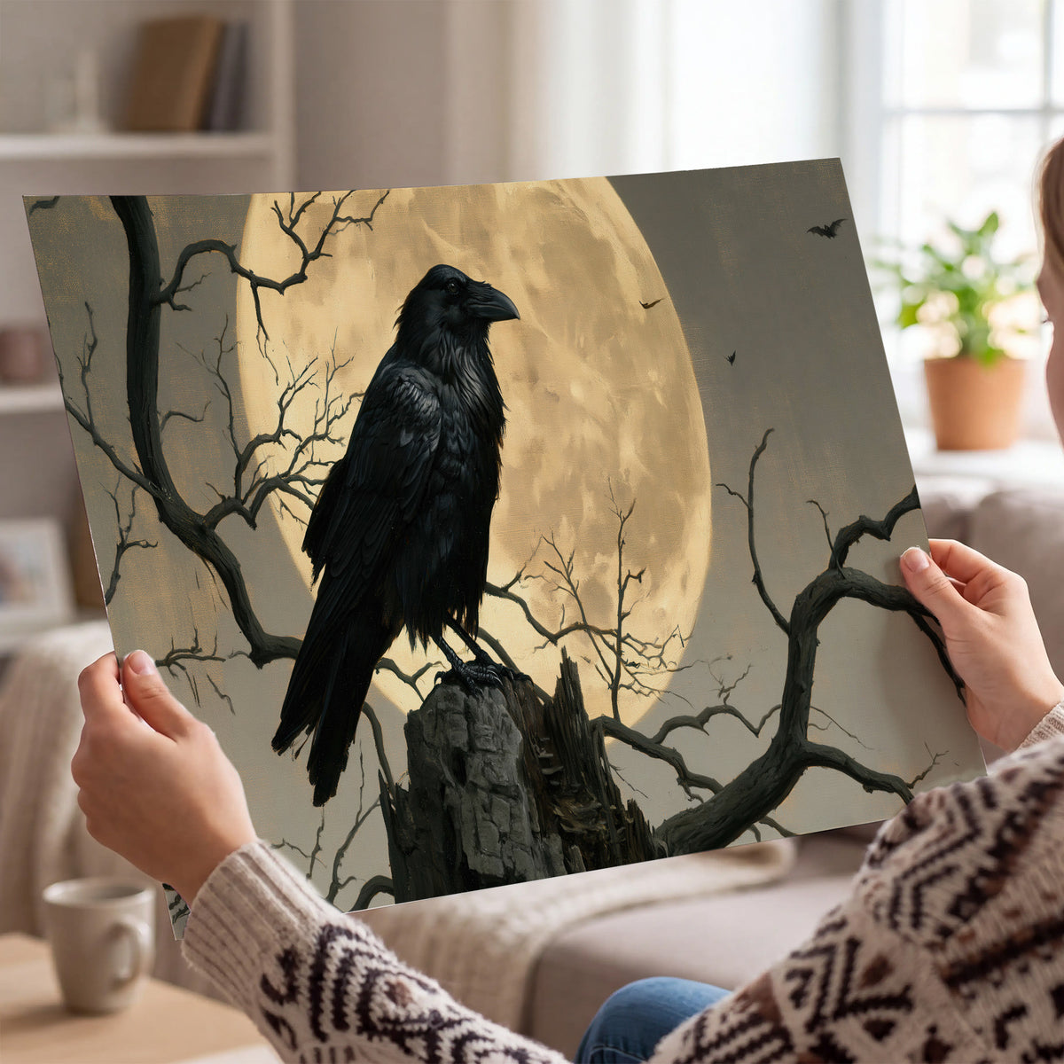 A black raven standing among bare branches in front of a large golden moon single poster print held in hands