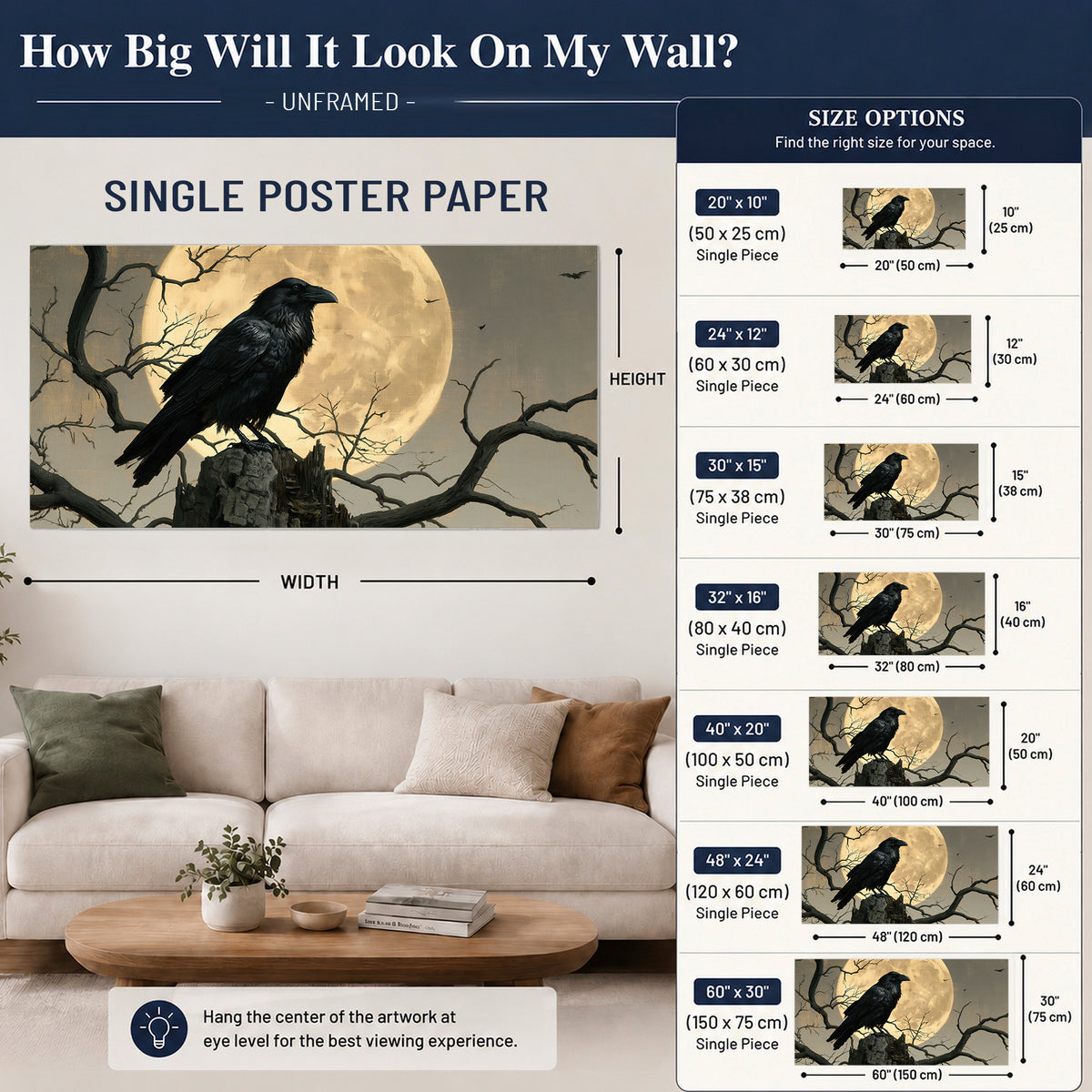 A black raven standing among bare branches in front of a large golden moon single poster print size guide above a sofa; room view is illustrative