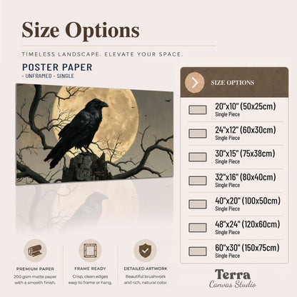 A black raven standing among bare branches in front of a large golden moon single poster print available dimensions