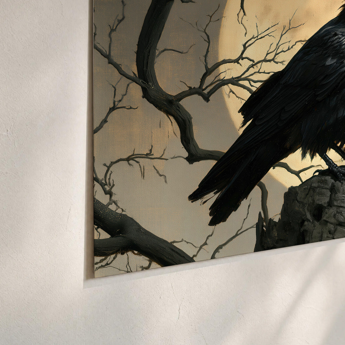 A black raven standing among bare branches in front of a large golden moon set of 3 poster prints material and edge close up