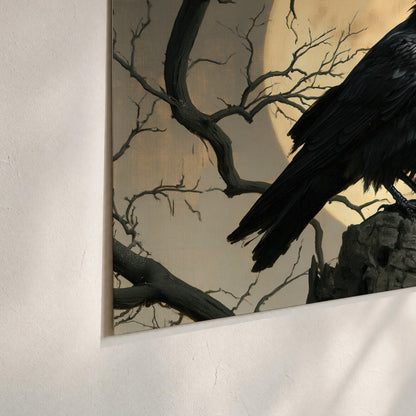 A black raven standing among bare branches in front of a large golden moon set of 3 poster prints material and edge close up