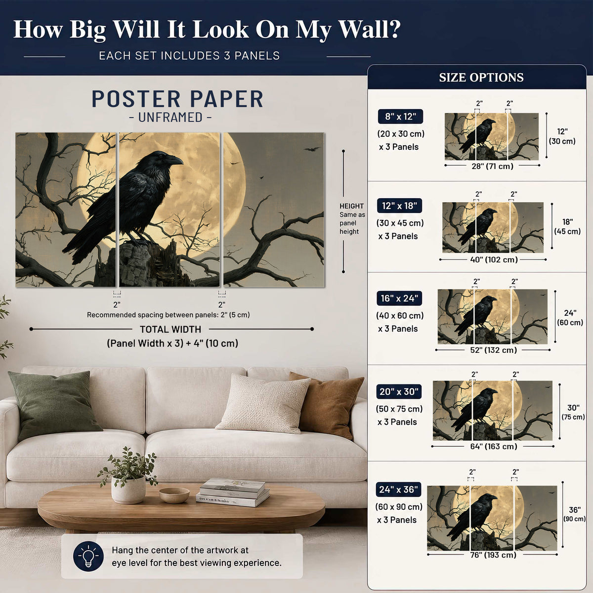 A black raven standing among bare branches in front of a large golden moon set of 3 poster prints size guide above a sofa; room view is illustrative