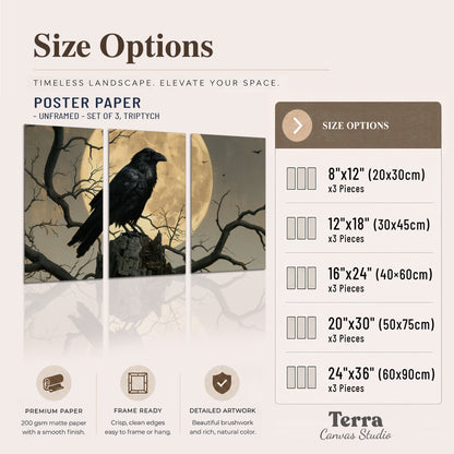 A black raven standing among bare branches in front of a large golden moon set of 3 poster prints available dimensions; triptych dimensions are per panel