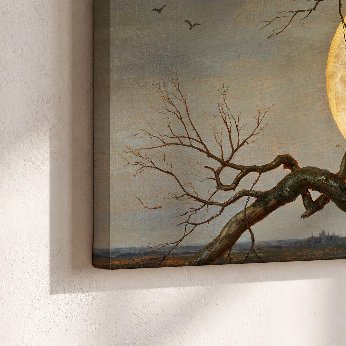 A dark raven perched on a branch beneath a warm moon in a shadowed woodland 3 piece canvas wall art material and edge close up