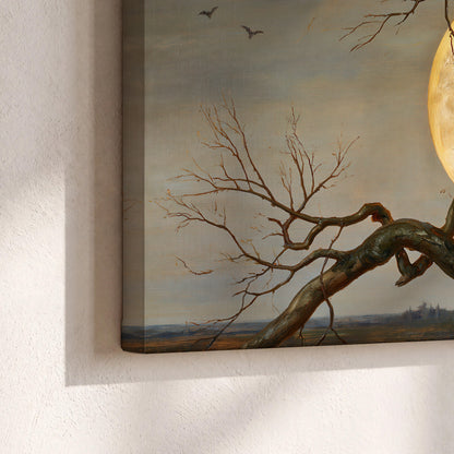 A dark raven perched on a branch beneath a warm moon in a shadowed woodland 3 piece canvas wall art material and edge close up