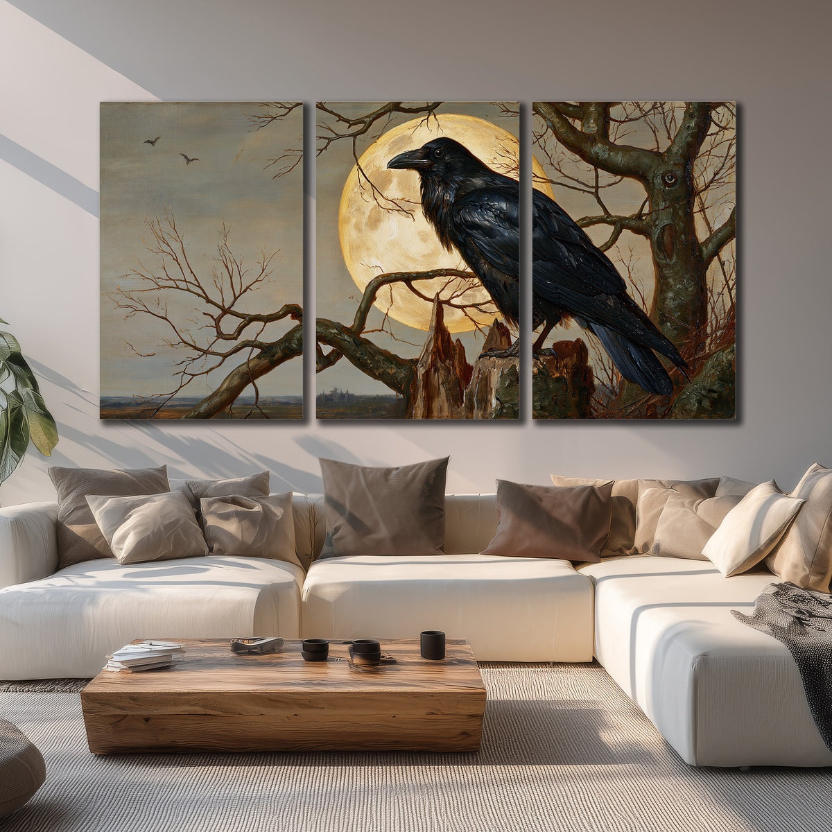 A dark raven perched on a branch beneath a warm moon in a shadowed woodland 3 piece canvas wall art displayed in a living room