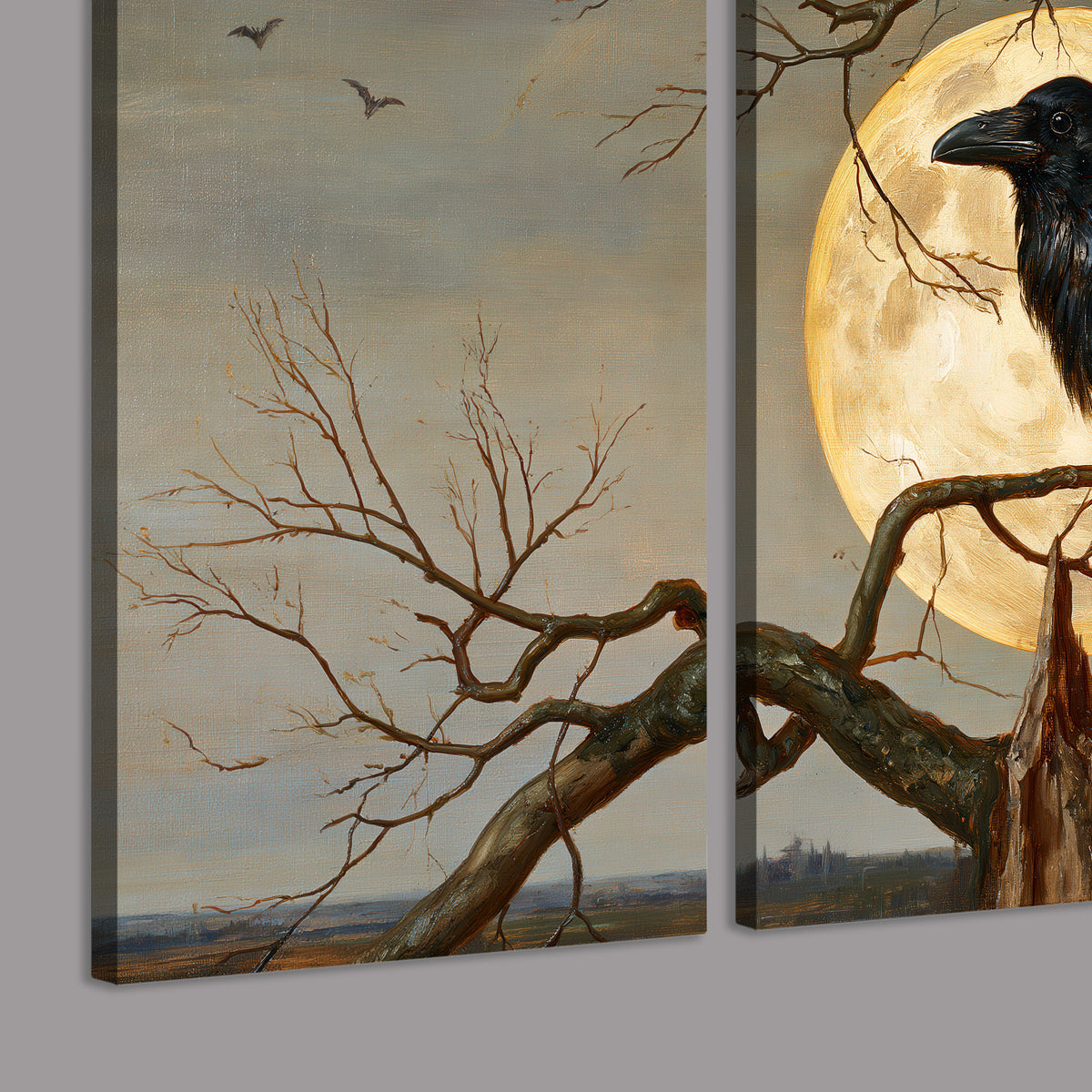 A dark raven perched on a branch beneath a warm moon in a shadowed woodland 3 piece canvas wall art room and product view