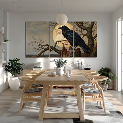 A dark raven perched on a branch beneath a warm moon in a shadowed woodland 3 piece canvas wall art room and product view