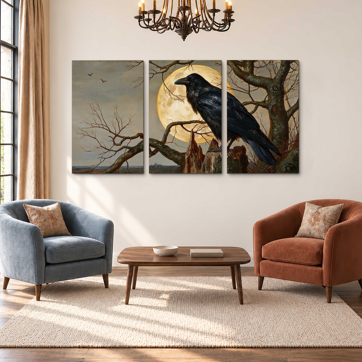 A dark raven perched on a branch beneath a warm moon in a shadowed woodland 3 piece canvas wall art styled in an interior