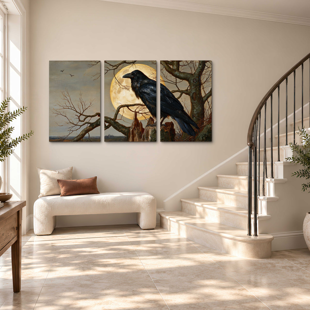 A dark raven perched on a branch beneath a warm moon in a shadowed woodland 3 piece canvas wall art styled in an interior