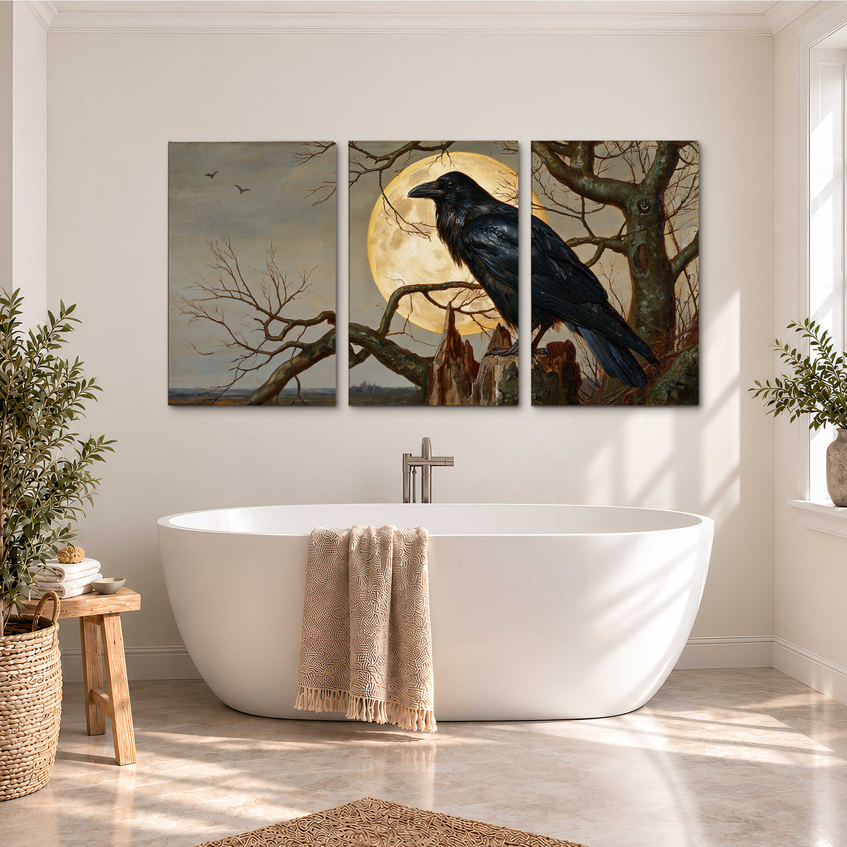 A dark raven perched on a branch beneath a warm moon in a shadowed woodland 3 piece canvas wall art styled in an interior