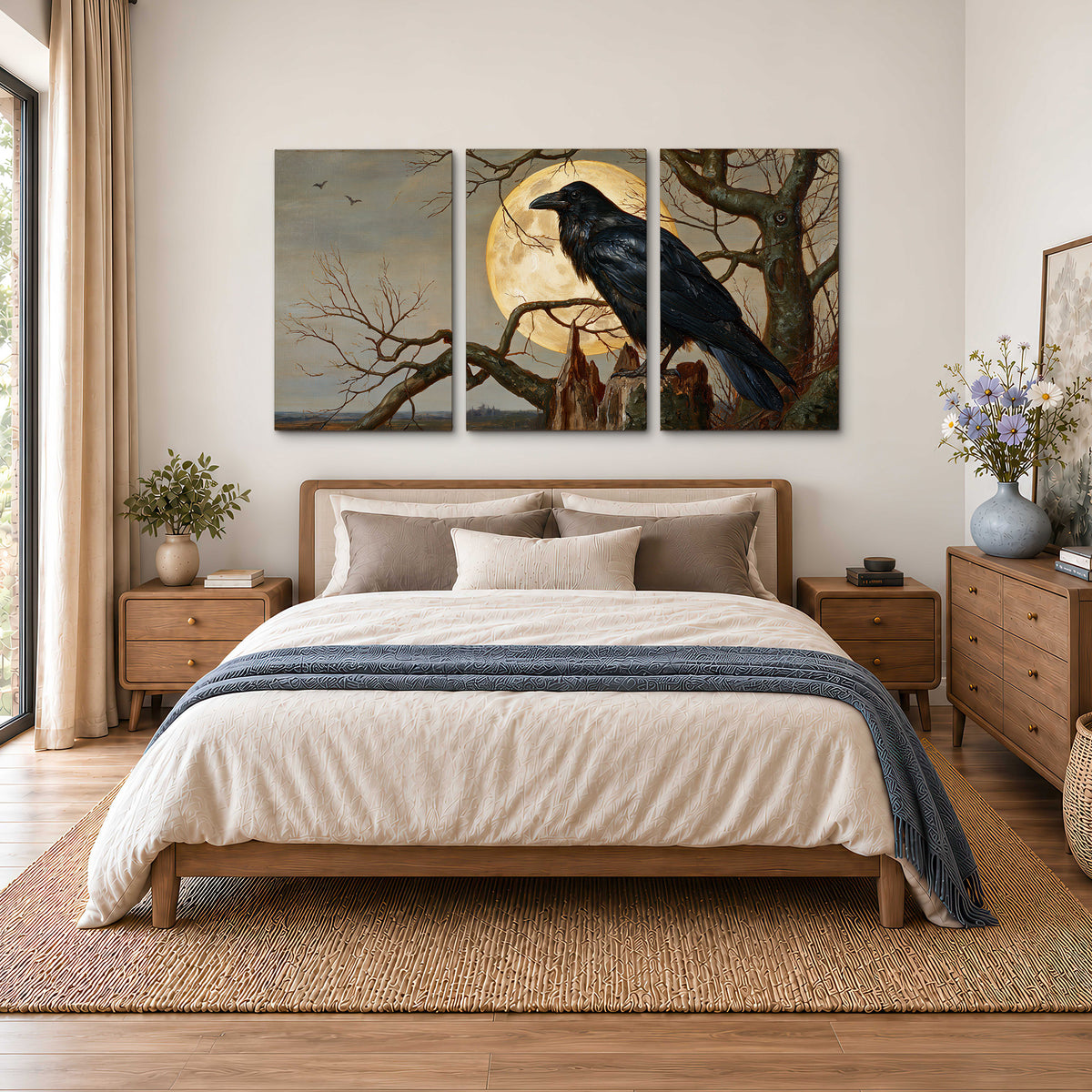 A dark raven perched on a branch beneath a warm moon in a shadowed woodland 3 piece canvas wall art styled in an interior