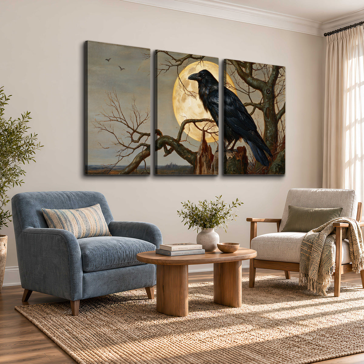 A dark raven perched on a branch beneath a warm moon in a shadowed woodland 3 piece canvas wall art styled in an interior