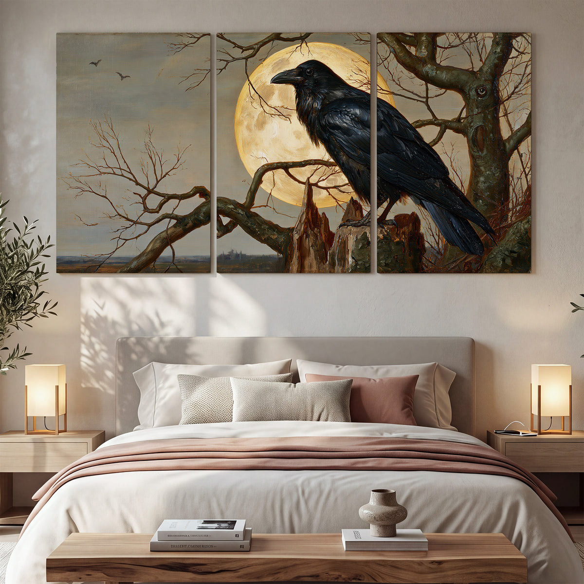 A dark raven perched on a branch beneath a warm moon in a shadowed woodland 3 piece canvas wall art displayed in a bedroom
