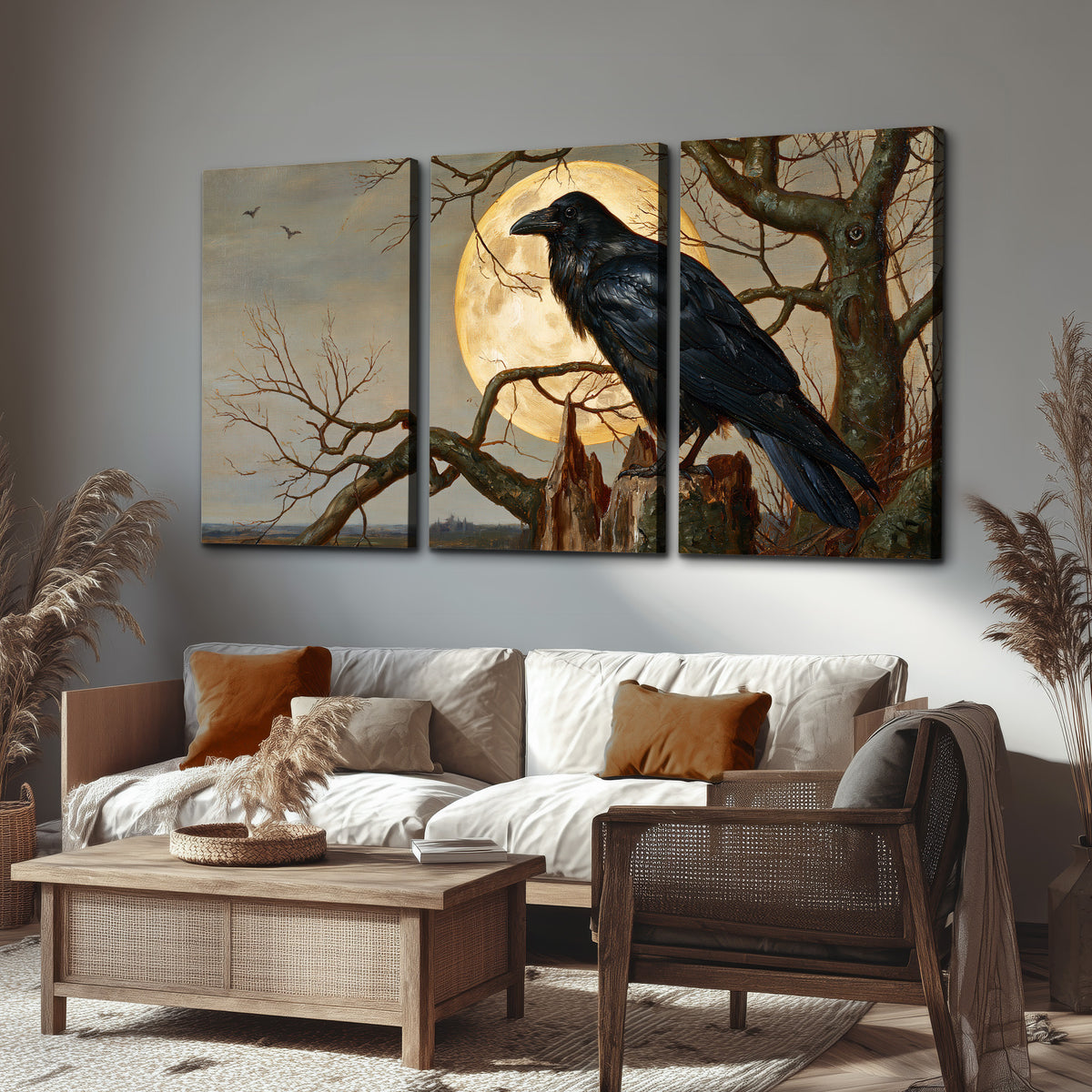 A dark raven perched on a branch beneath a warm moon in a shadowed woodland 3 piece canvas wall art displayed in a rustic living room
