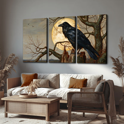 A dark raven perched on a branch beneath a warm moon in a shadowed woodland 3 piece canvas wall art displayed in a rustic living room
