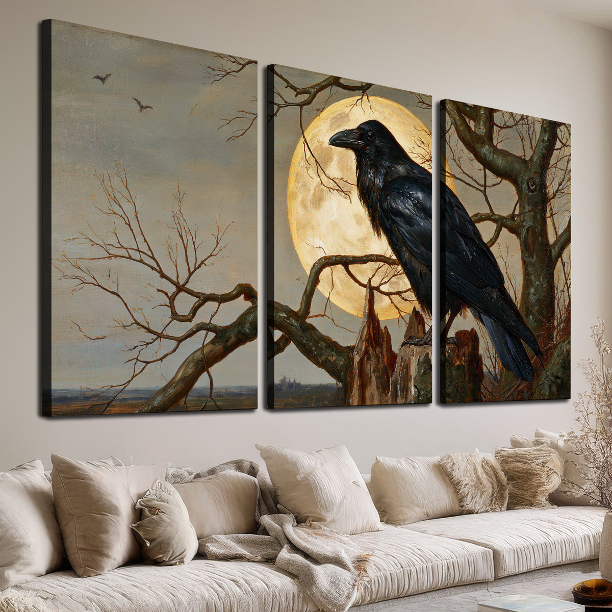 A dark raven perched on a branch beneath a warm moon in a shadowed woodland 3 piece canvas wall art room and product view
